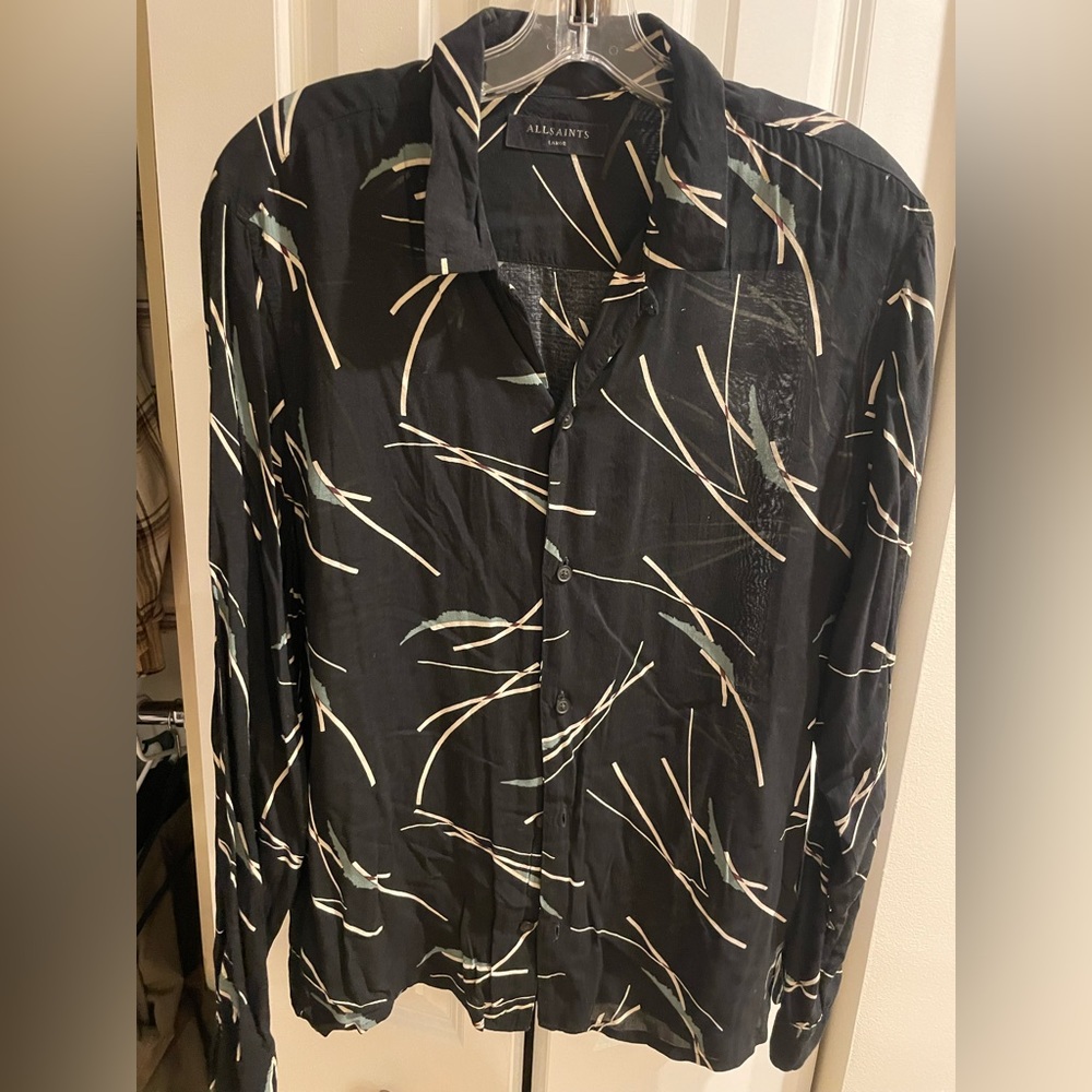 Allsaints Large Black 90s Print Mens Long Sleeve Buttondown